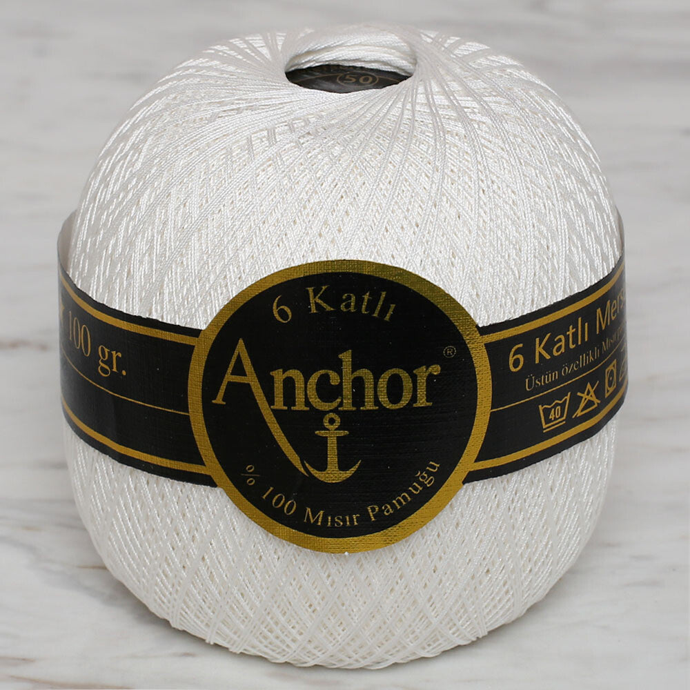 Anchor 6-Ply No:50 100 g Mercerized Cotton Lace Yarn, White