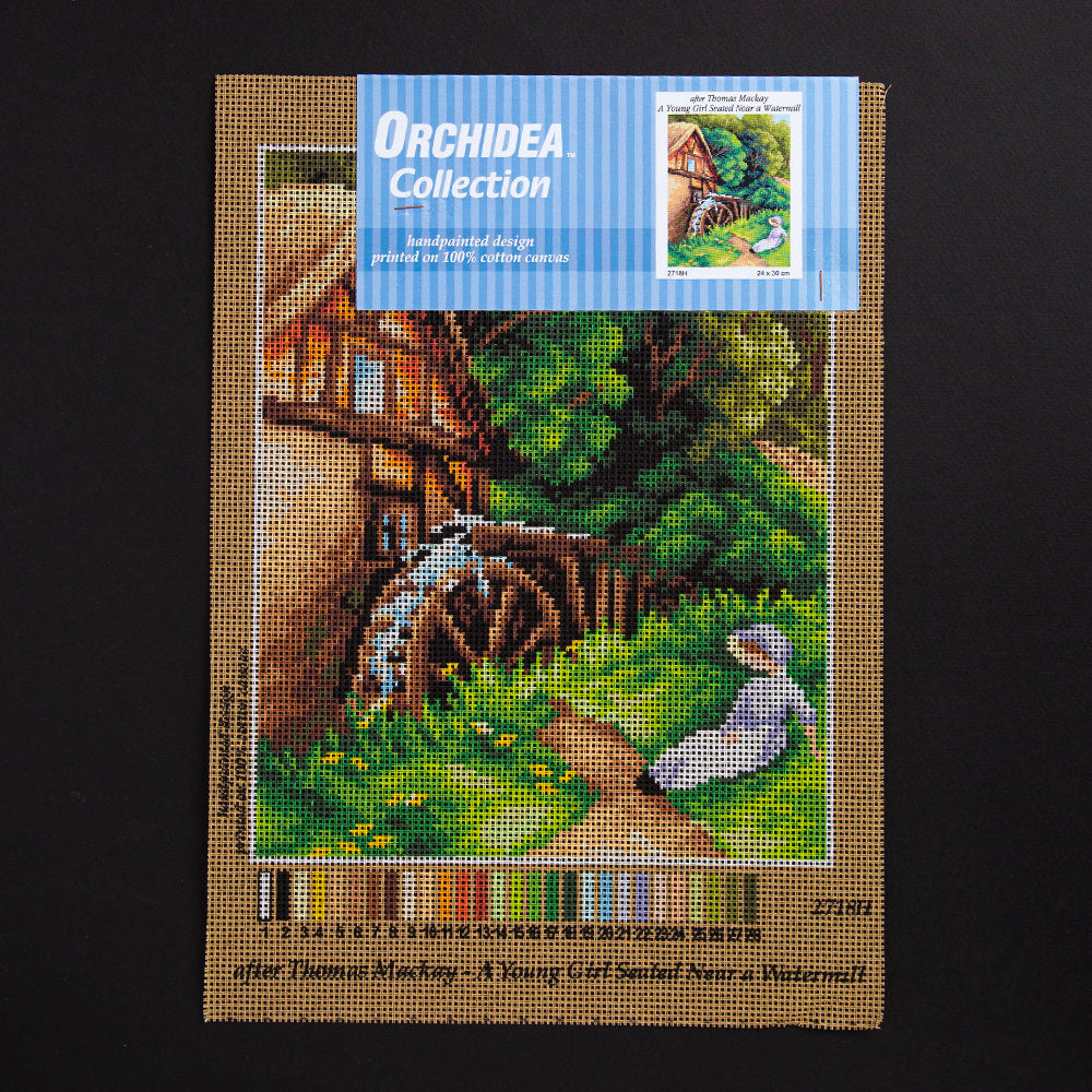 Orchidea 24x30cm Printed Gobelin, Thomas Mackay - A Young Girl Seated Near a Watermill - 2718H
