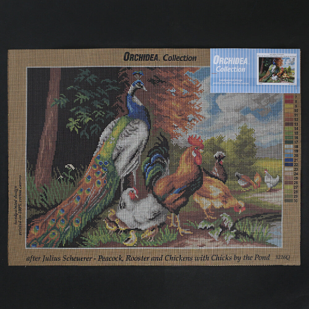 Orchidea 40x60 cm Julius Scheurer Peacock - Rooster And Chickens Wiht Chicks By The Pond Printed Gob