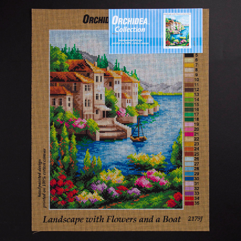 Orchidea 30x40cm Printed Gobelin, Landscape with Flowers and a Boat - 2179J