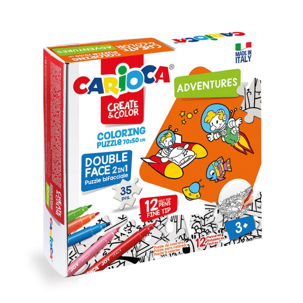 Carioca Coloring Puzzle "Adventures" Double Face 2in1 & 12 Felt Tip Pens 3+ Age - 43045