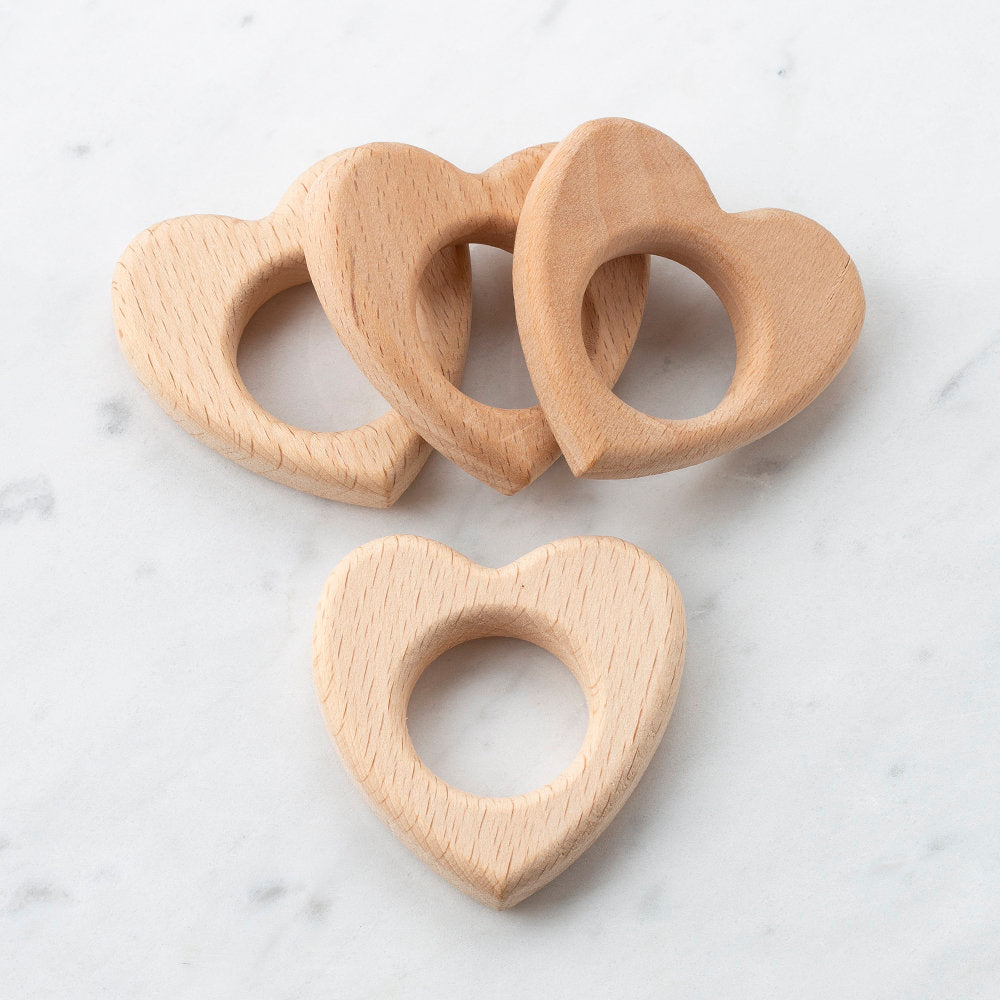 Loren 4 Pcs Wooden Teether Ring, Heart Shape