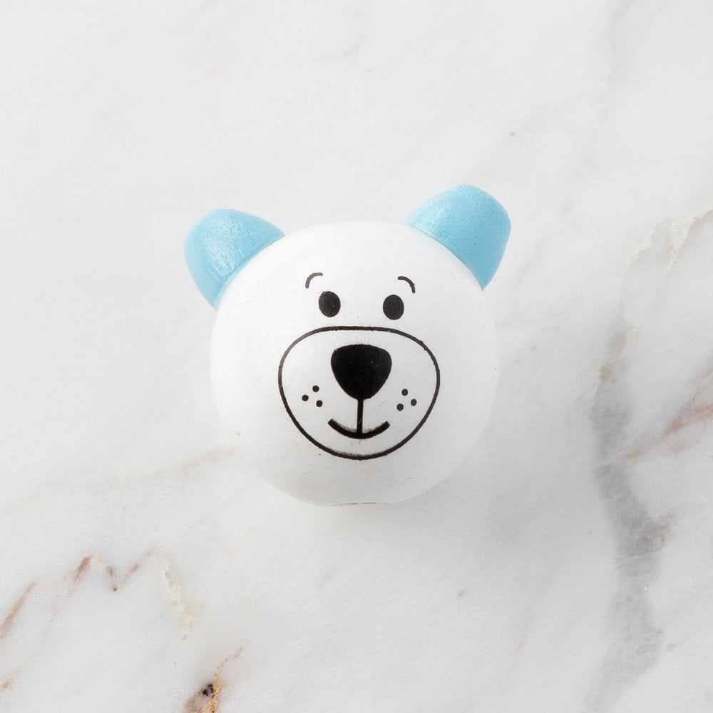 Loren 25 mm Wooden Bear Head Round Bead, White With Blue Ear