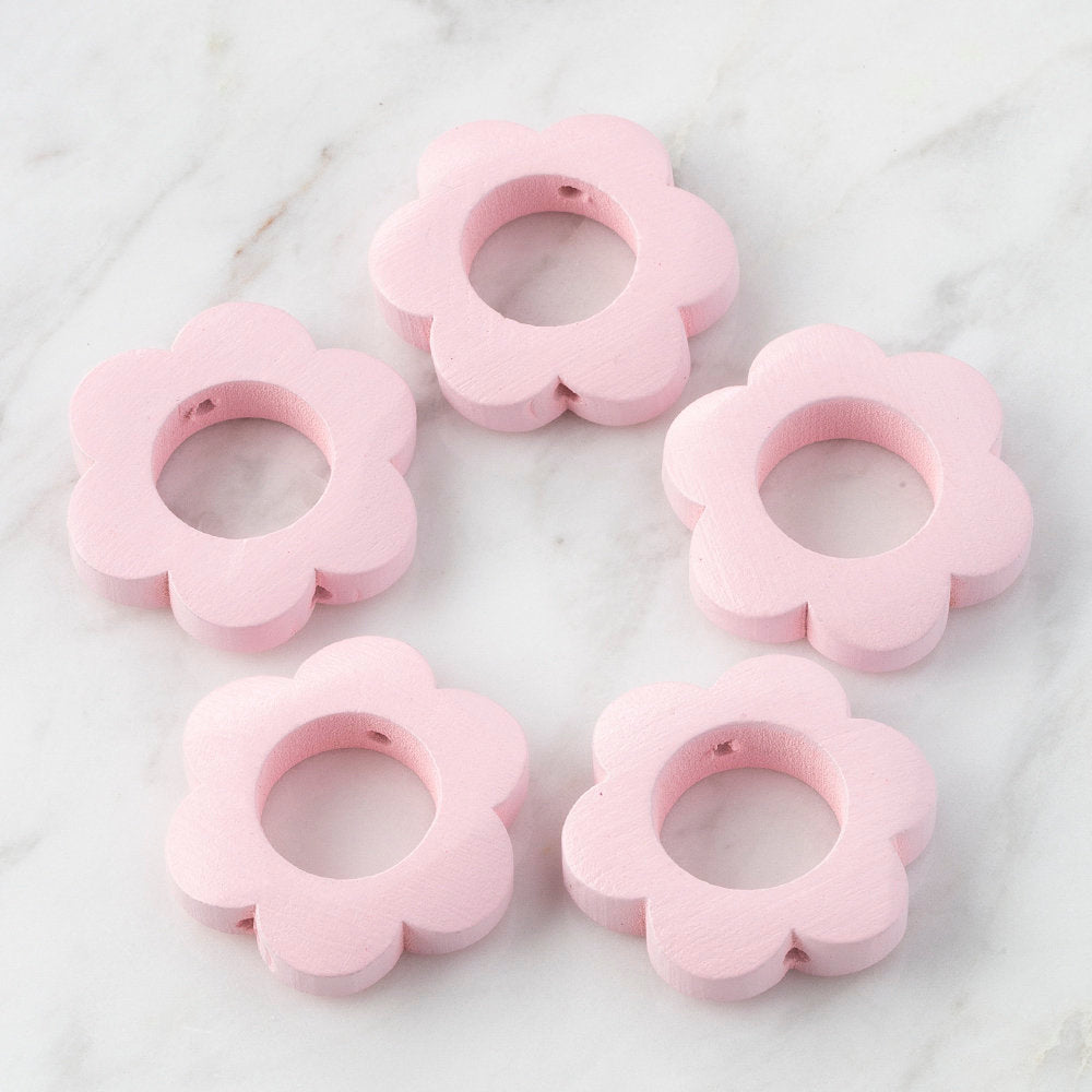 Loren 5 Pcs Diasy Shaped Wooden Bead, Pink
