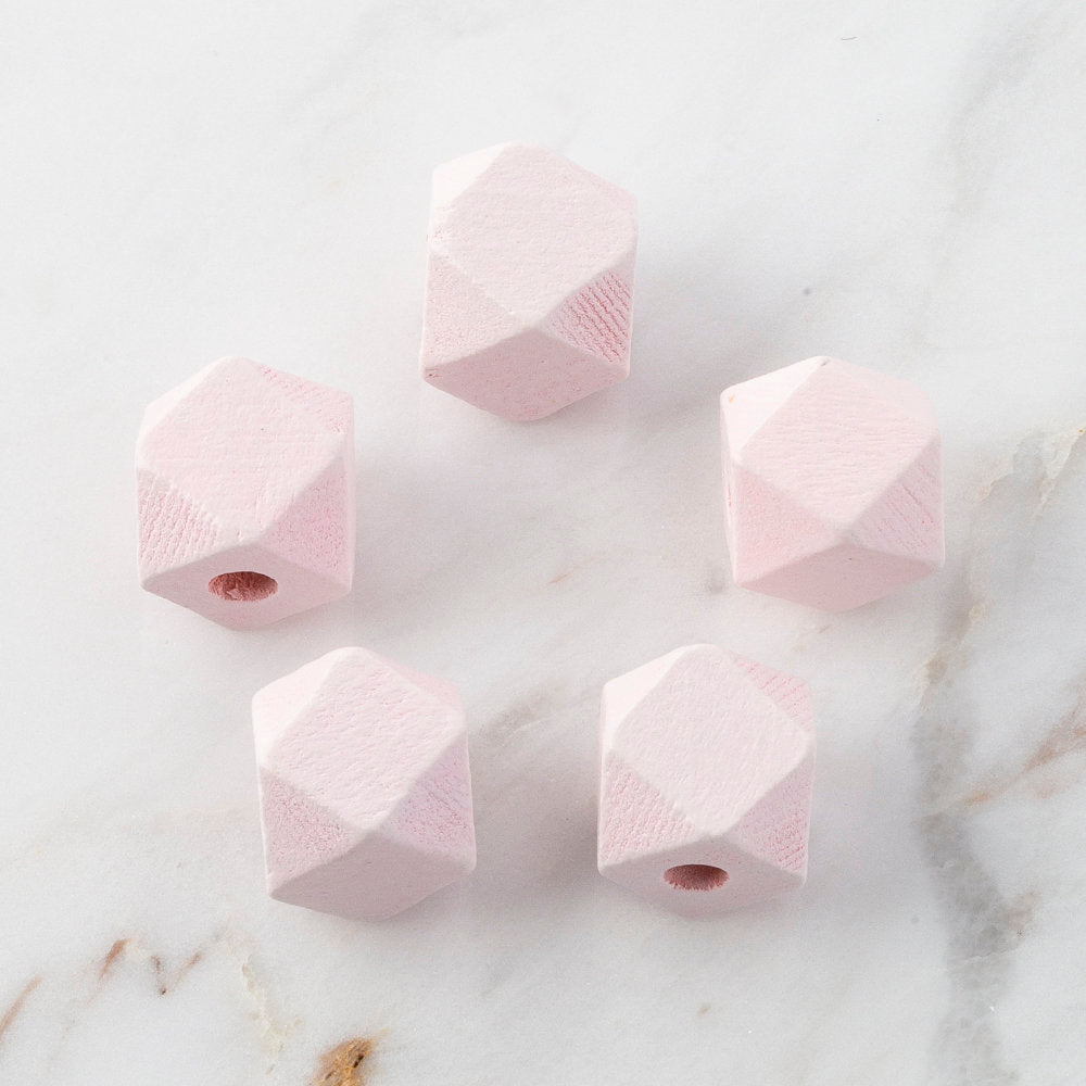Loren 5 Pcs Polygon Shaped Wooden Bead, Pink