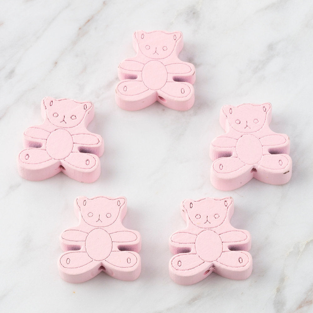 Loren 5 Pcs Teddy Bear Shaped Wooden Bead, Pink