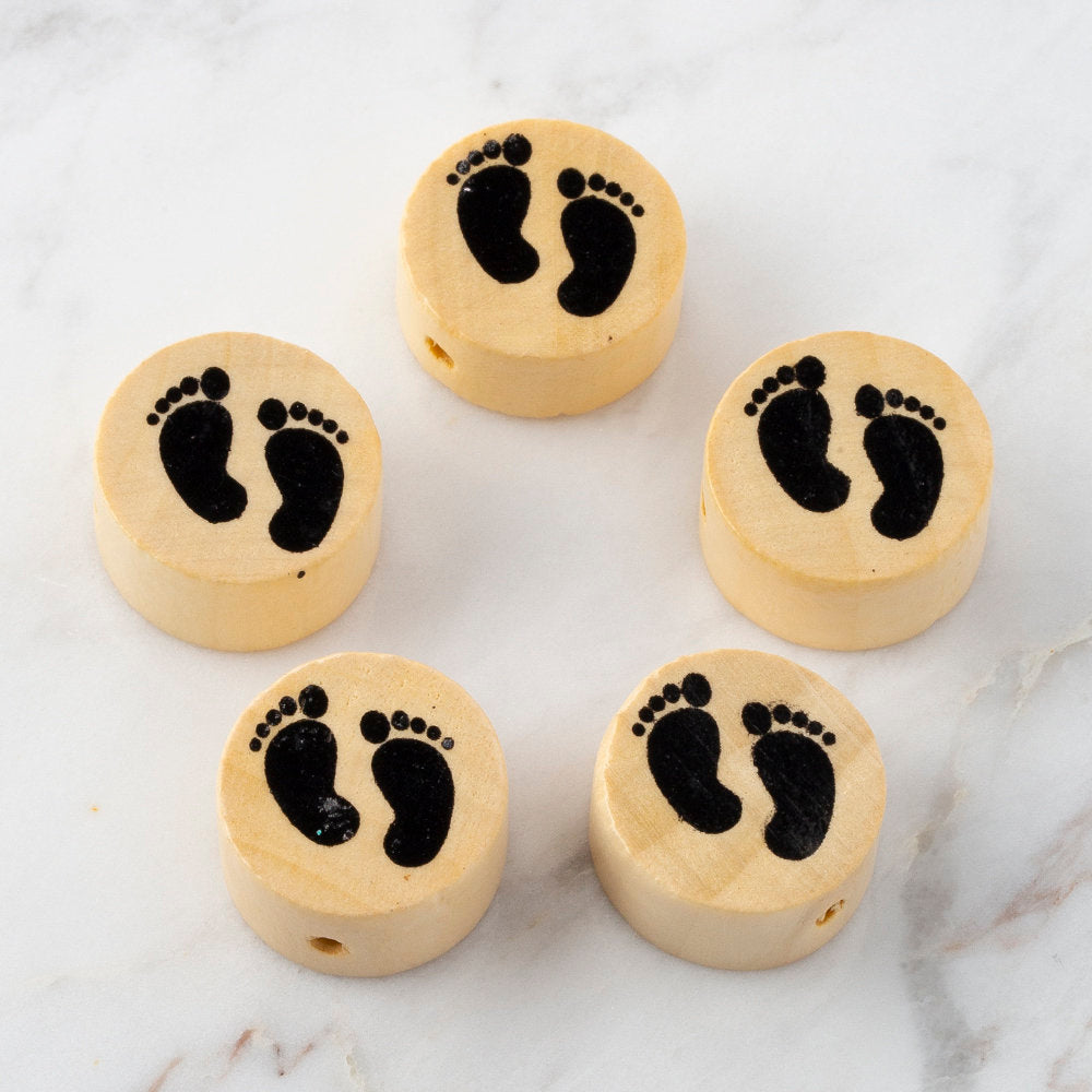 Loren 5 Pcs Wooden Round Bead, Natural Baby Footprints