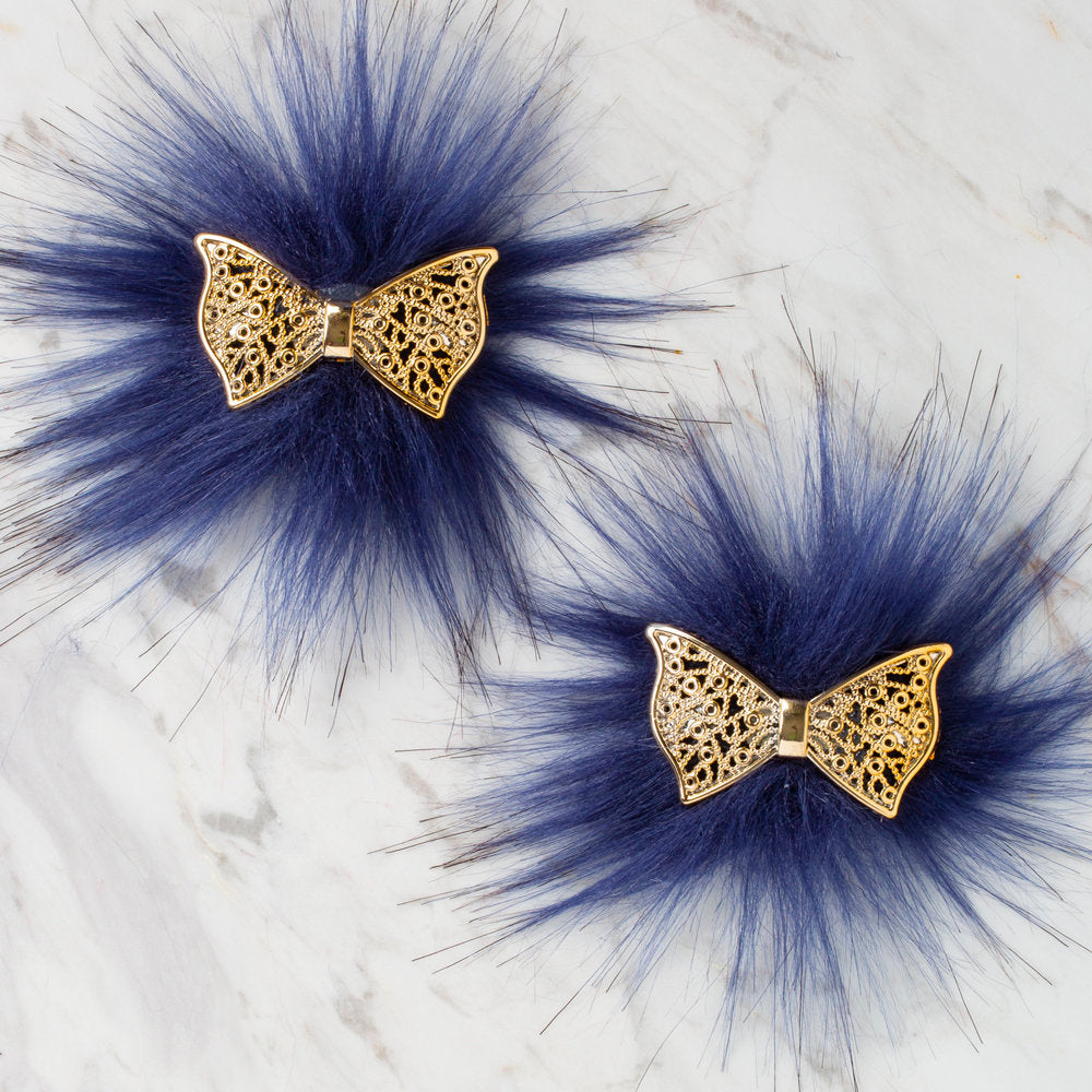 Loren 2 Pcs Butterfly Shaped Faux Fur Fluffy Shoe Clip, Navy Blue