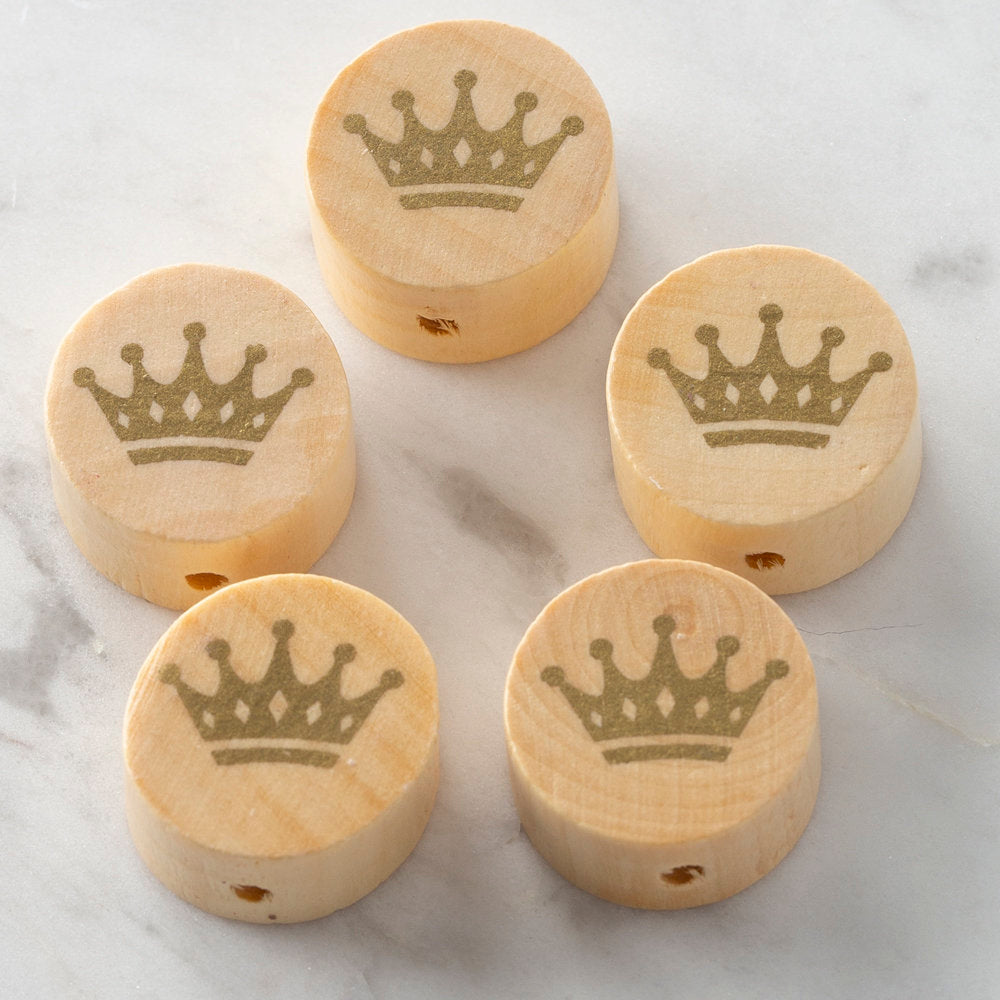 Loren 5 Pcs Wooden Round Bead, Natural Crown Printed