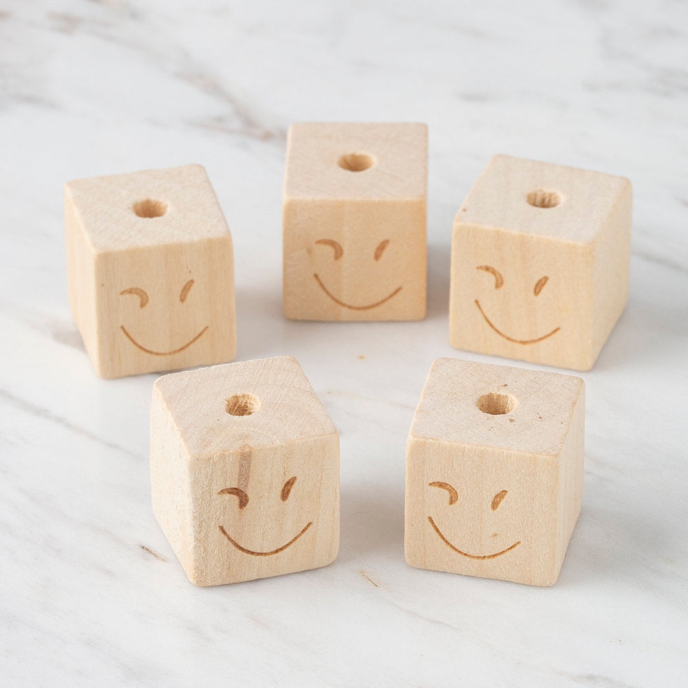 Loren 5 Pcs Natural Wooden Cube Bead, Winky Face