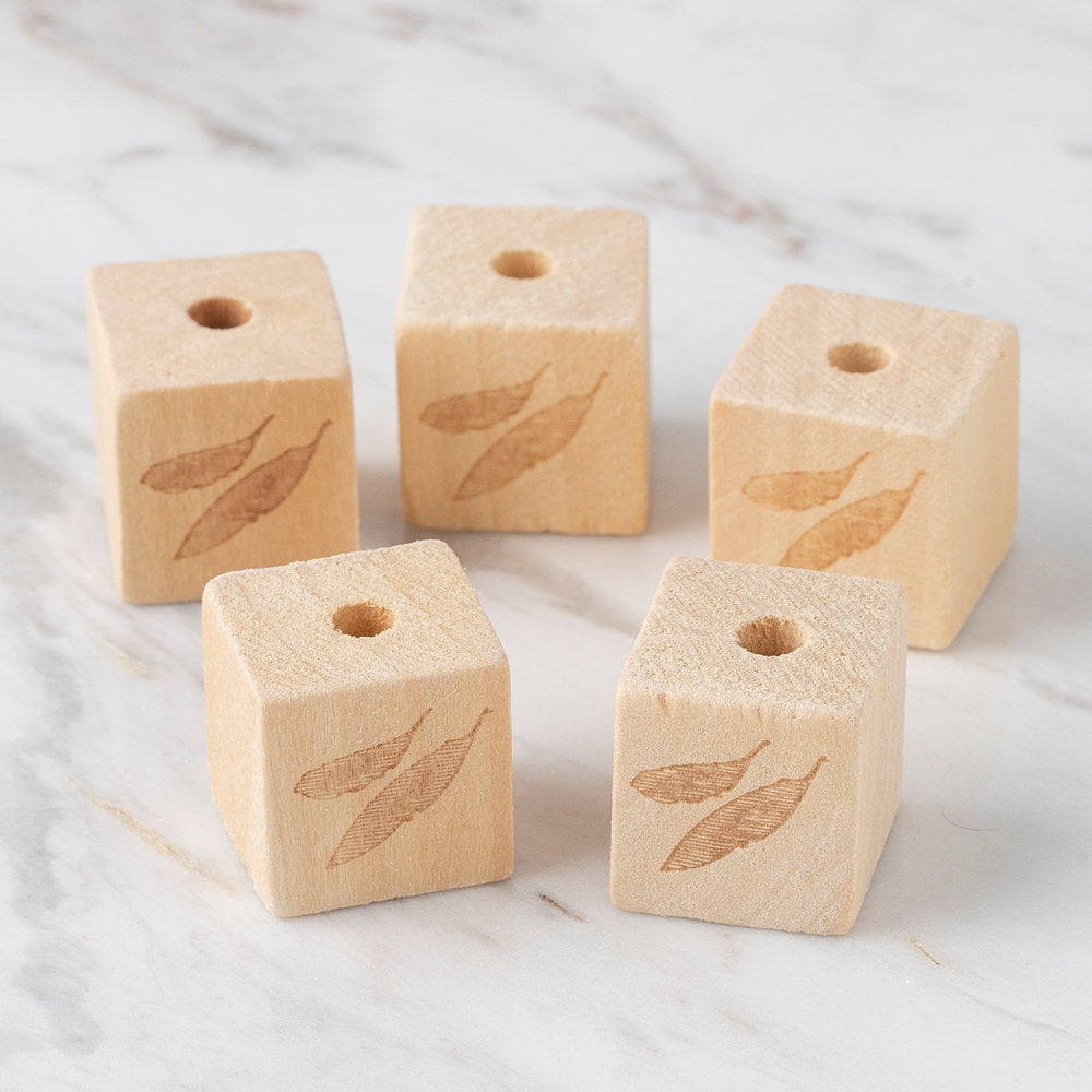 Loren 5 Pcs Natural Wooden Cube Bead, Leaf