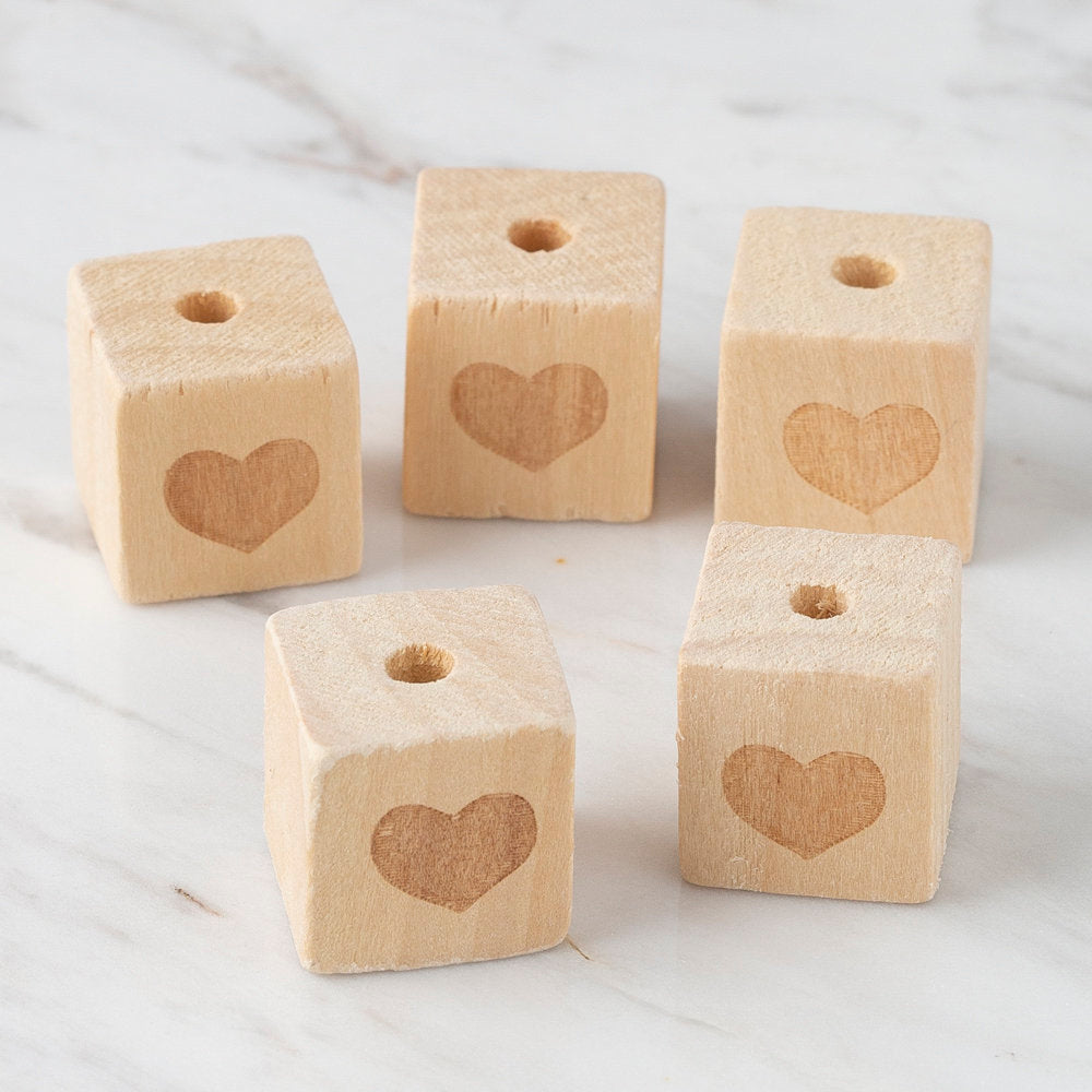 Loren 5 Pcs Natural Wooden Cube Bead, Heart