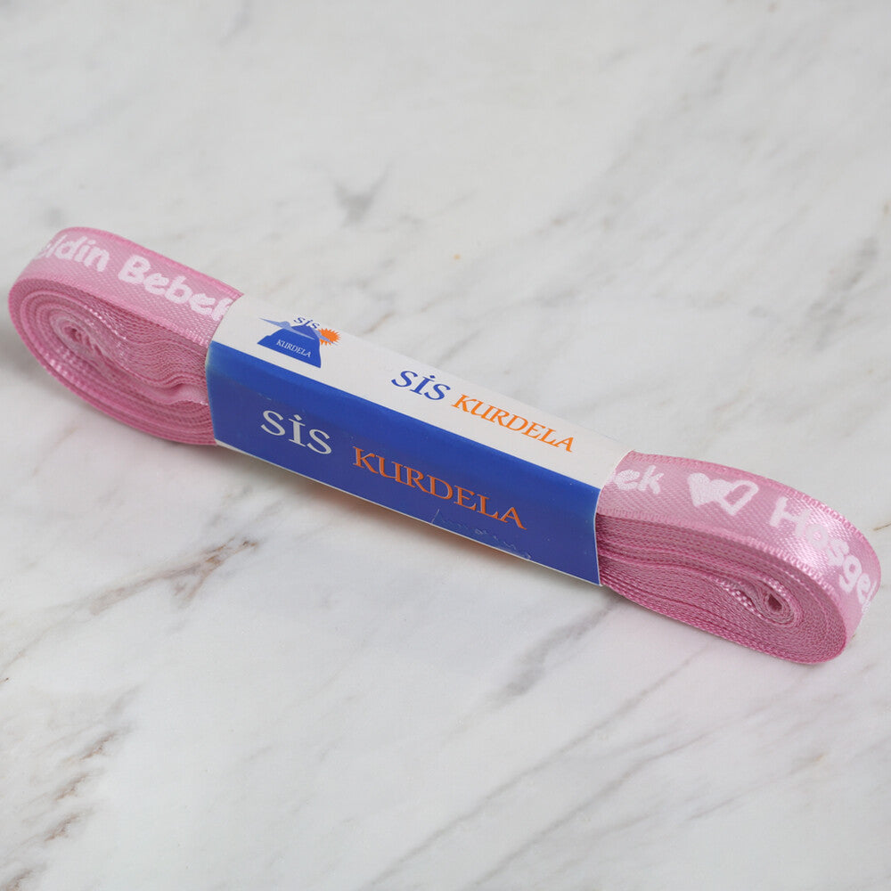 Loren Crafts 1 cm 10 m Pembe Satin "Hoşgeldin Bebek" Printed Ribbon