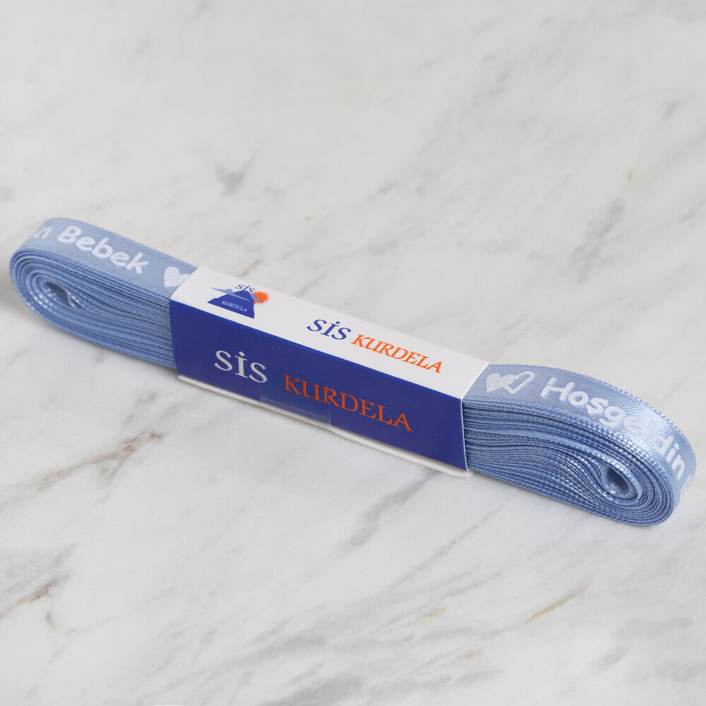 Loren Crafts 1 cm 10 m Mavi Satin "Hoşgeldin Bebek" Printed Ribbon