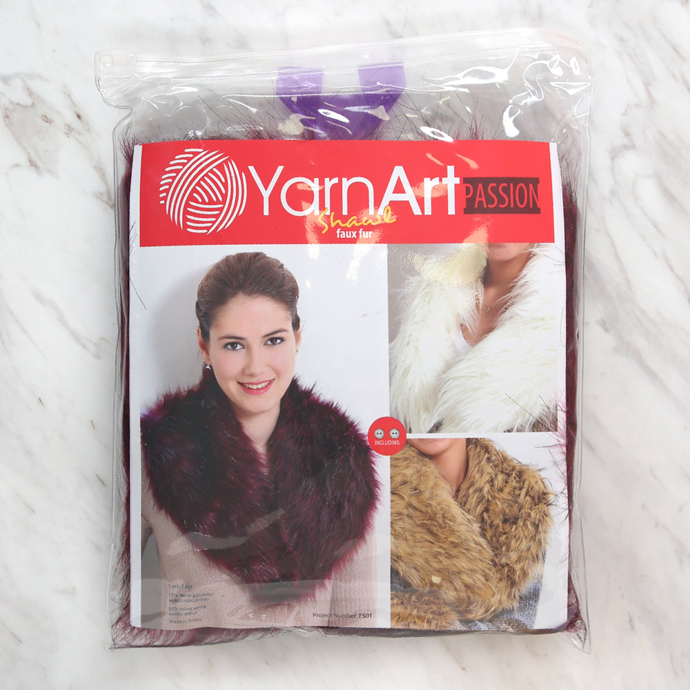Yarnart Shawl - Faux Fur Collar Burgundy - F501