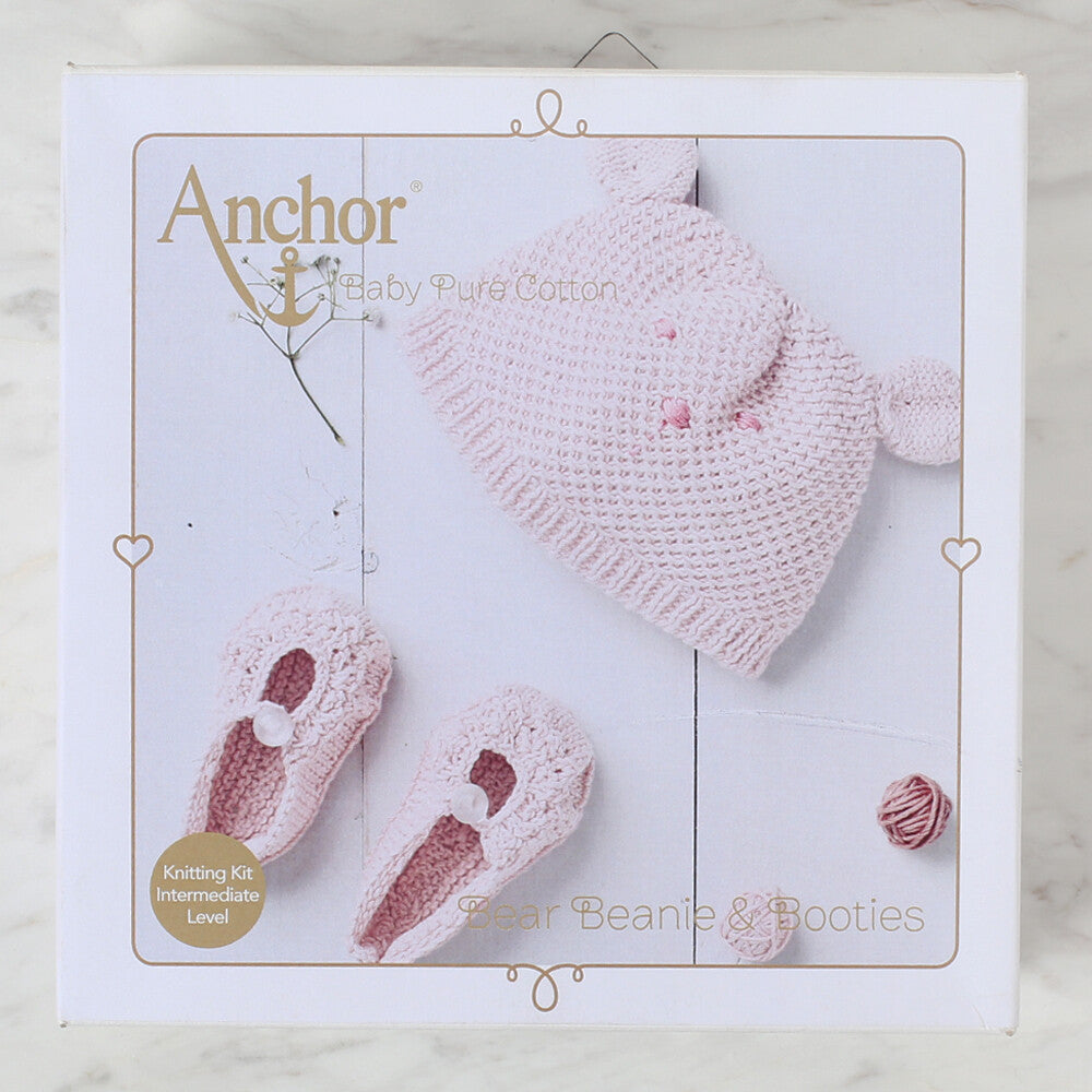 Anchor Baby Pure Cotton Bear Beanie & Booties Kit, Pink - A28B001-09070