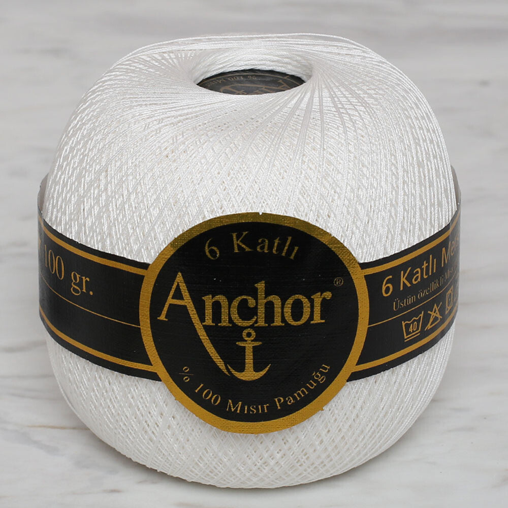 Anchor 6-Ply No:60 100 g Mercerized Cotton Lace Yarn, White