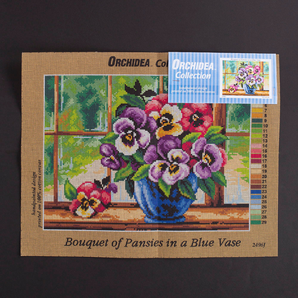 Orchidea 30x40cm Printed Gobelin, Bouquet of Pansies in a Blue Vase