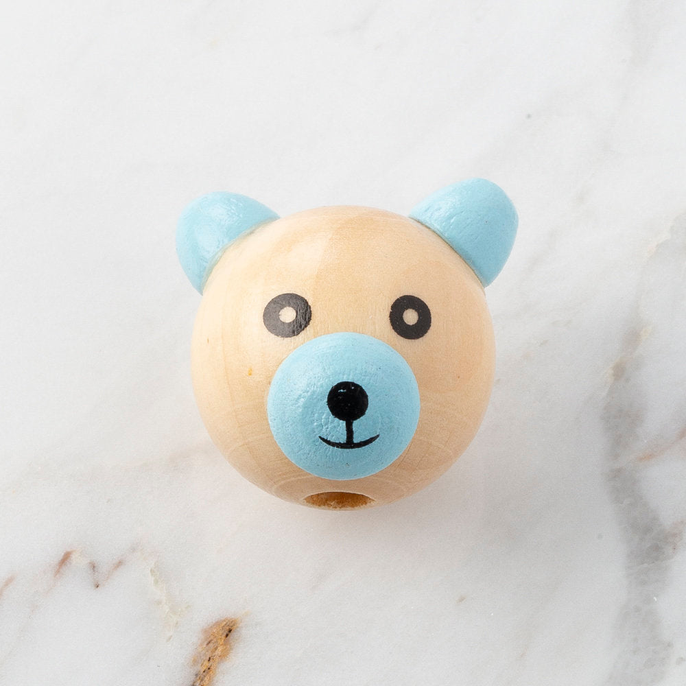 Loren 25 mm Wooden Bear Head Round Bead With Nose, Natural With Blue Ear