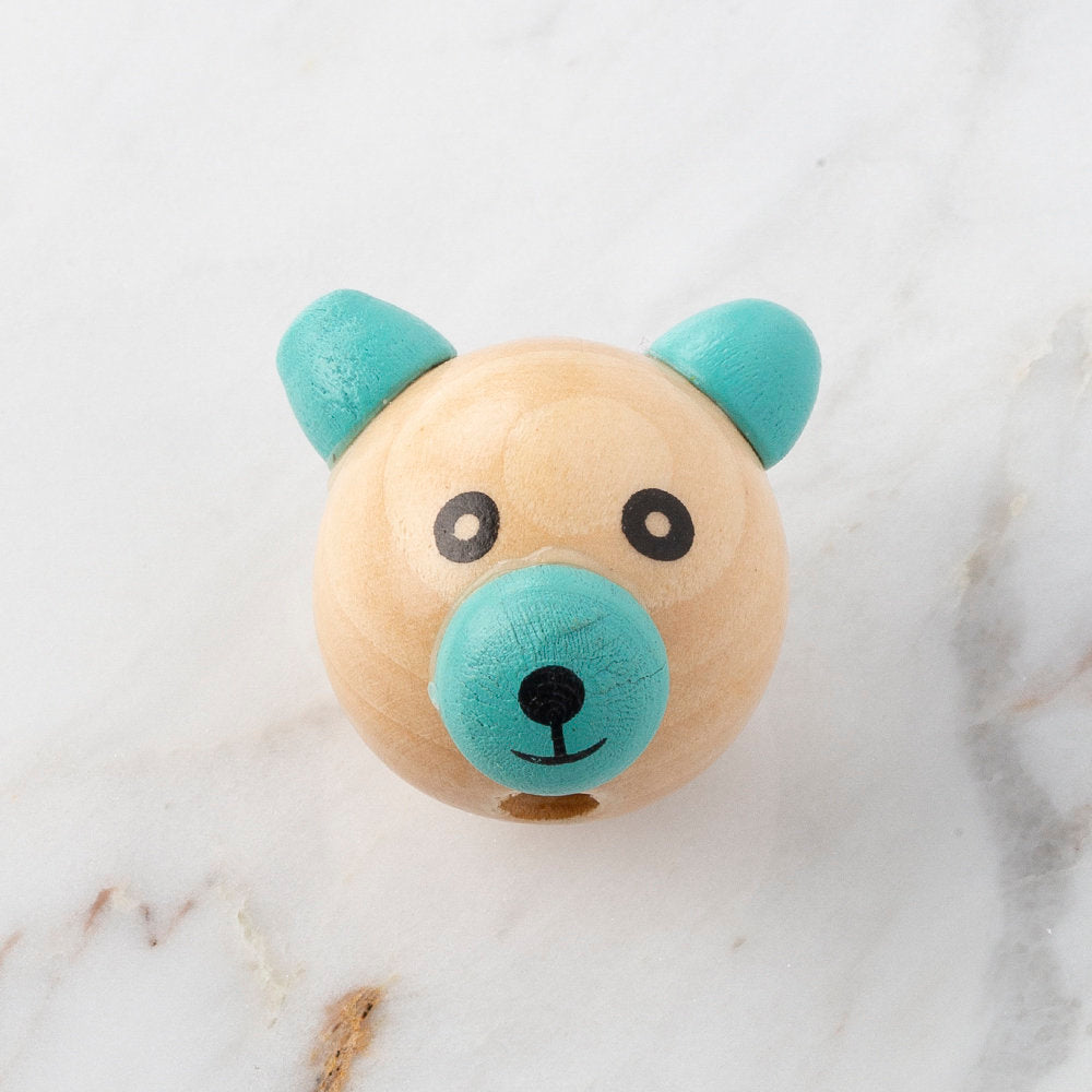 Loren 25 mm Wooden Bear Head Round Bead With Nose, Natural With Green Ear