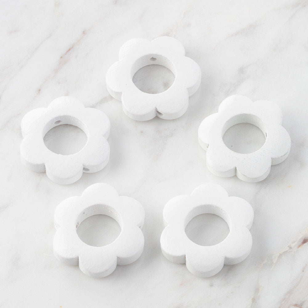 Loren 5 Pcs Diasy Shaped Wooden Bead, White