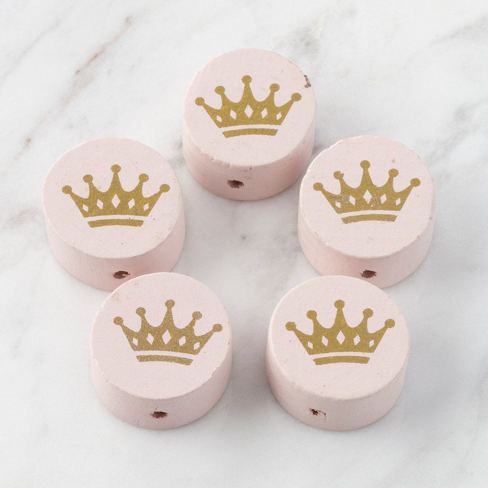 Loren 5 Pcs Wooden Round Bead, Pink Crown Printed