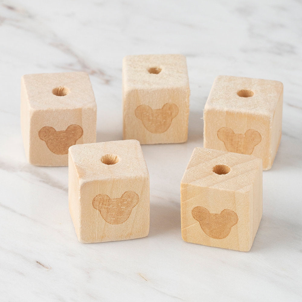 Loren 5 Pcs Natural Wooden Cube Bead, Mickey Mouse