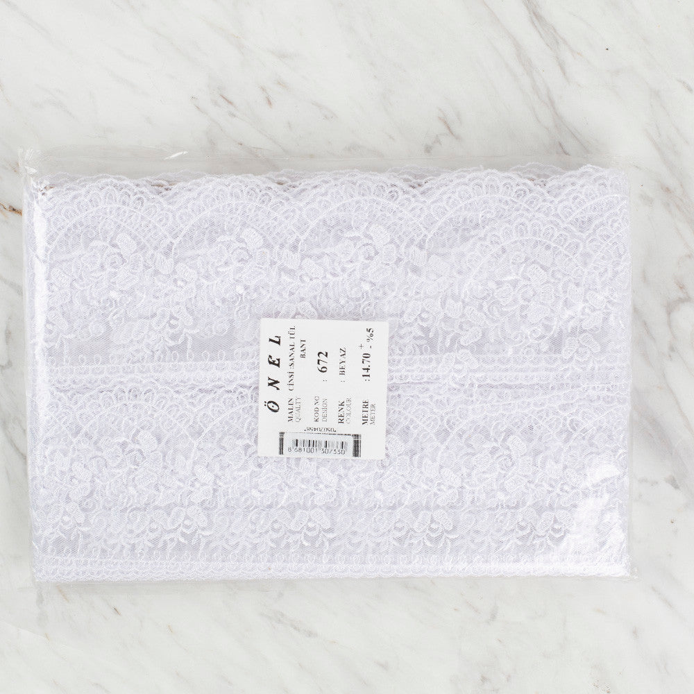 Önel Lace Ribbon, 9 cm, White, Flower Patterned - 672