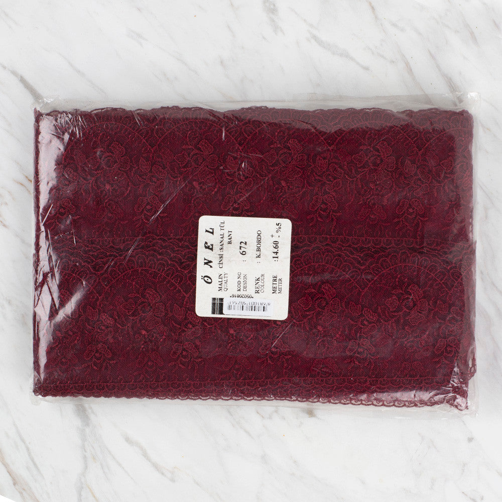 Önel Lace Ribbon, 9 cm, Claret, Flower Patterned - 672