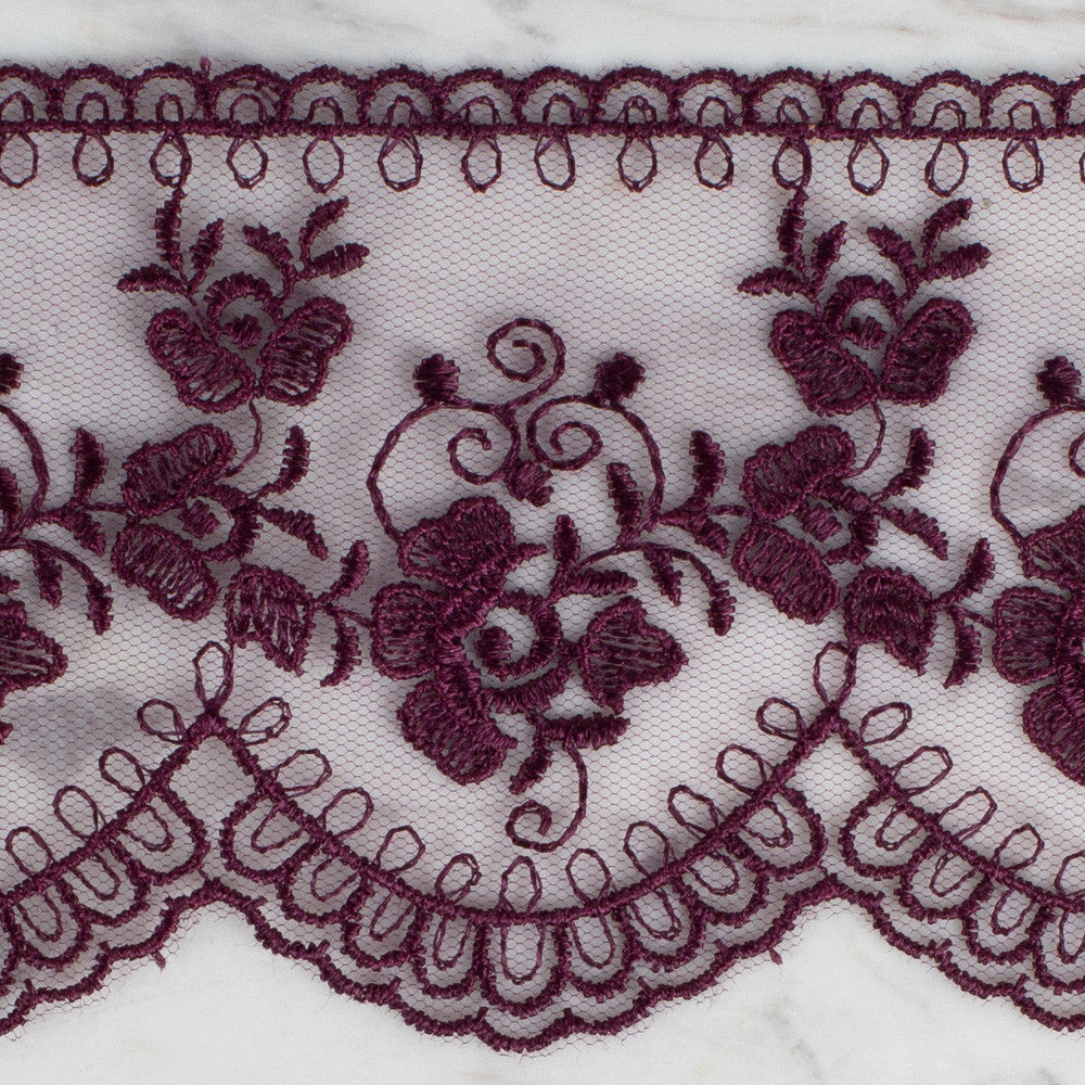 Önel Lace Ribbon, 9 cm, Aubergine, Flower Patterned - 672