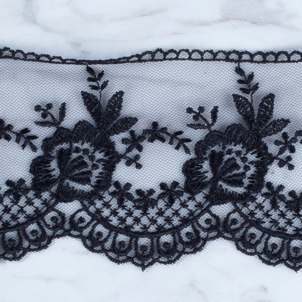 Önel Lace Ribbon, 7 cm, Black, Flower Patterned - 67