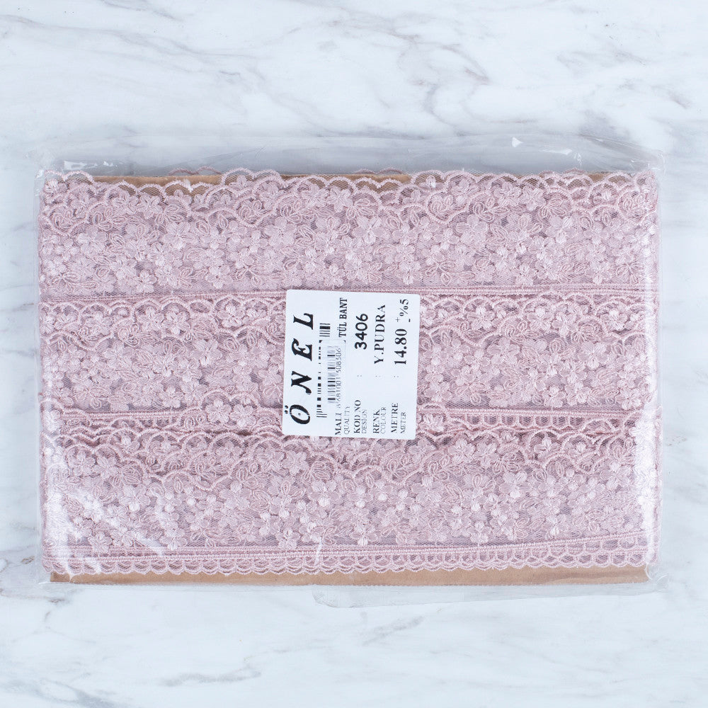 Önel Lace Ribbon, 5 cm, Powder Pink, Flower Patterned - 3406