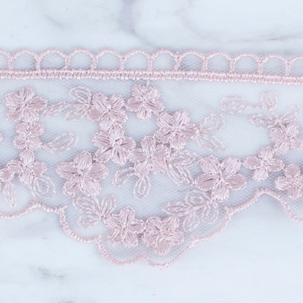 Önel Lace Ribbon, 5 cm, Powder Pink, Flower Patterned - 3406
