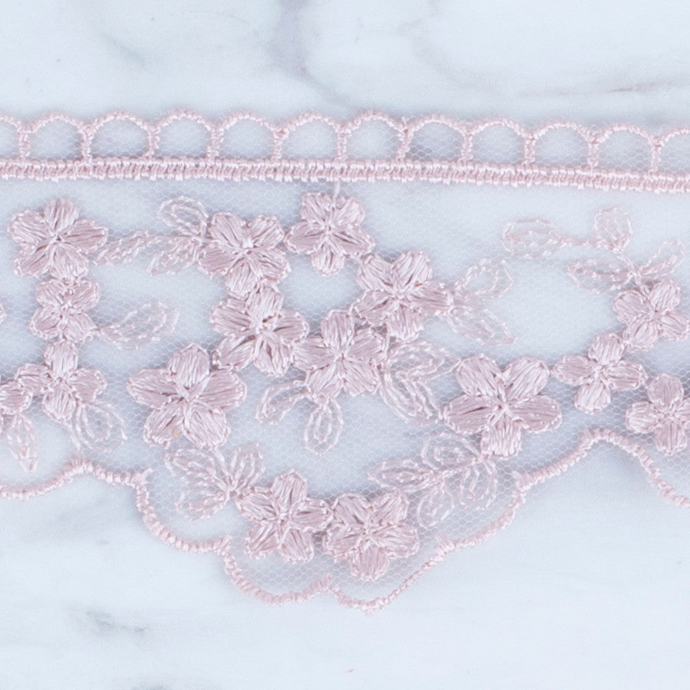 Önel Lace Ribbon, 5 cm, Powder Pink, Flower Patterned - 3406