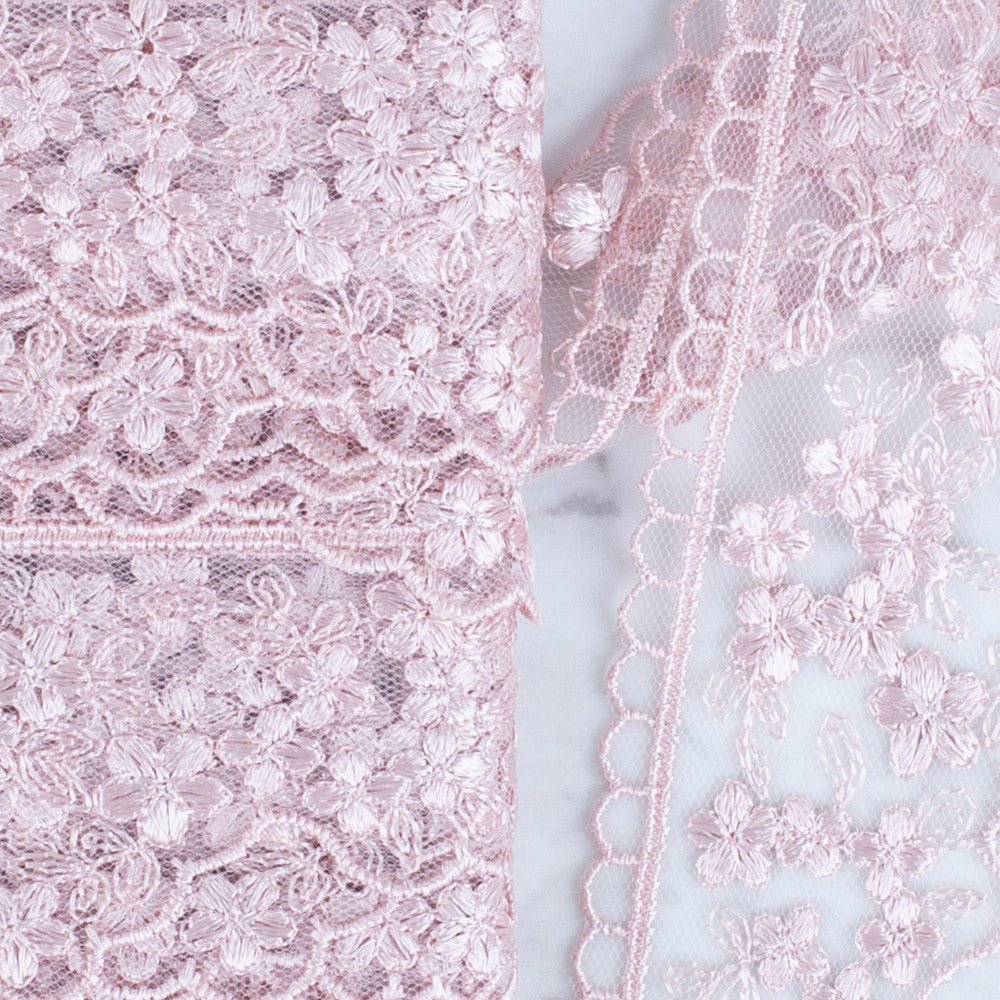 Önel Lace Ribbon, 5 cm, Powder Pink, Flower Patterned - 3406