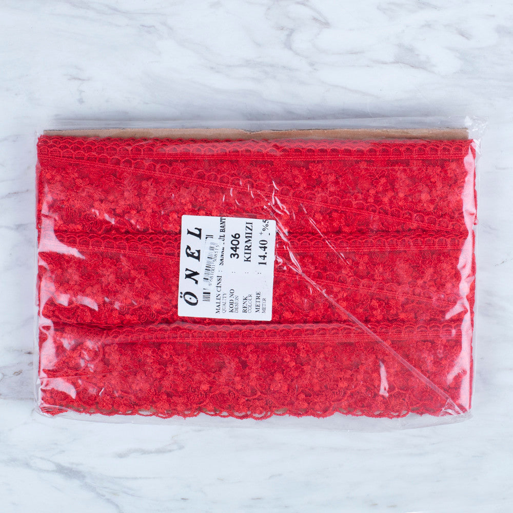 Önel Lace Ribbon, 5 cm, Red, Flower Patterned - 3406