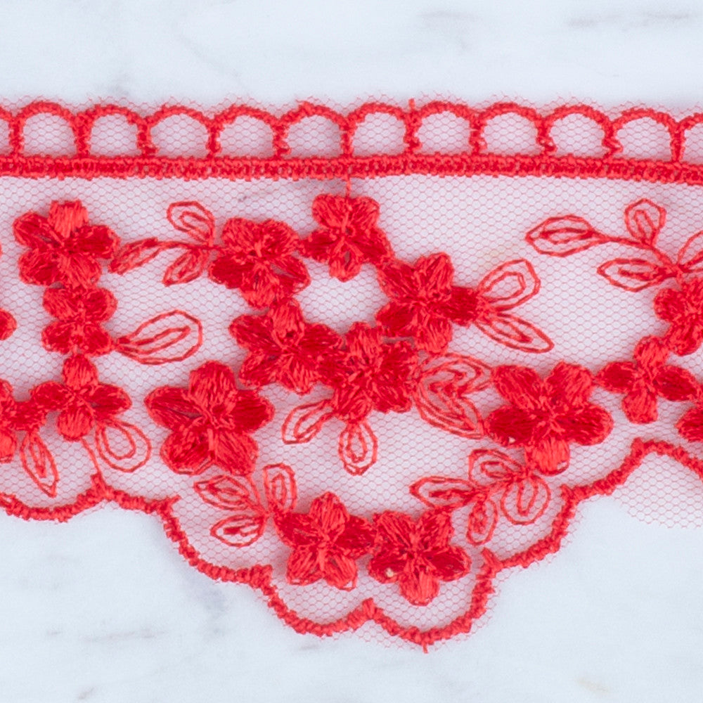 Önel Lace Ribbon, 5 cm, Red, Flower Patterned - 3406