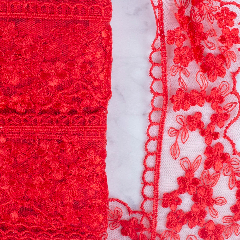 Önel Lace Ribbon, 5 cm, Red, Flower Patterned - 3406