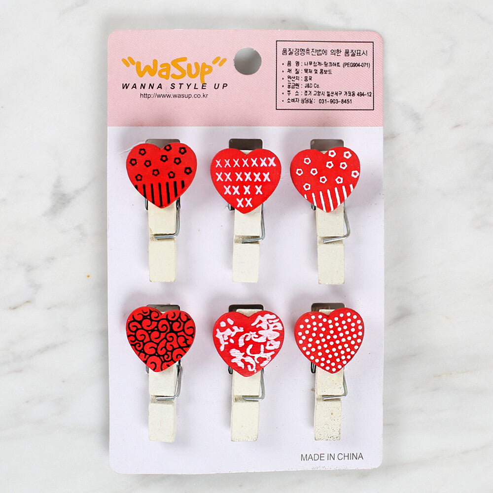 Loren 6 Pcs Red Heart Patterned Decorative Peg