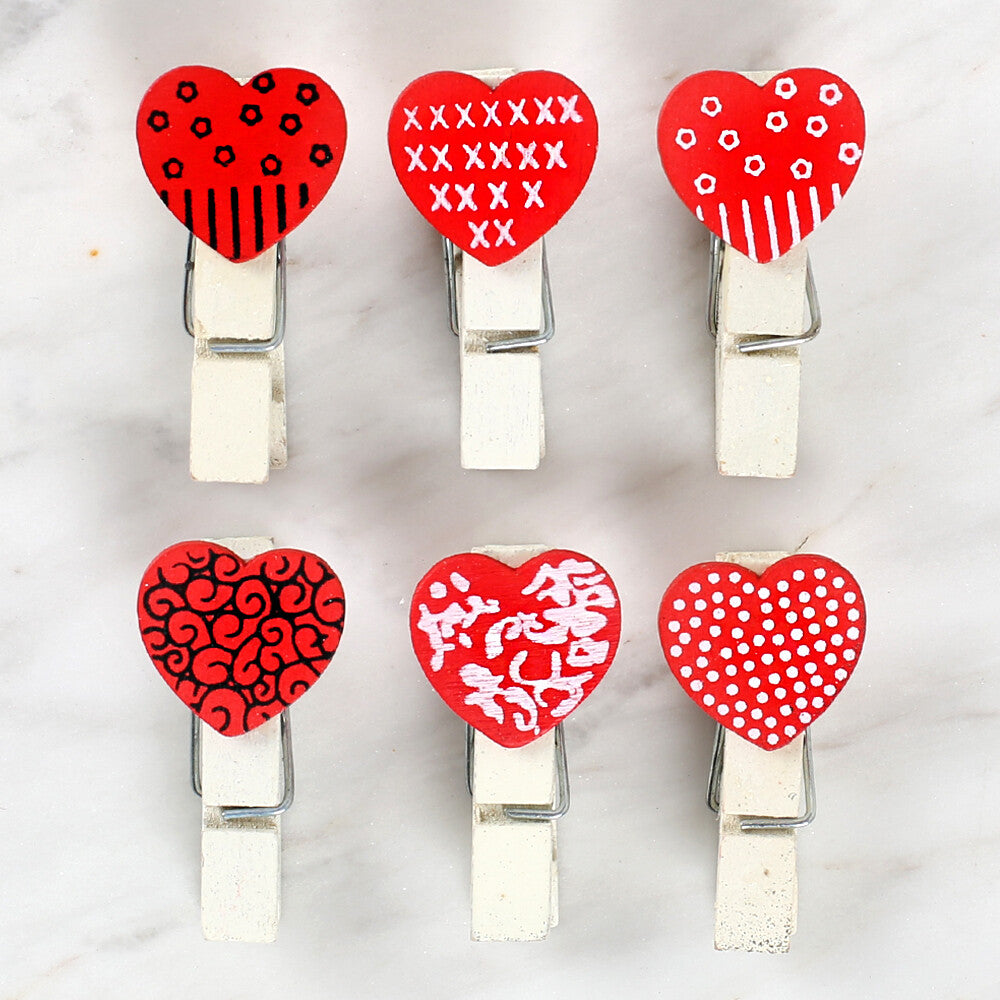 Loren 6 Pcs Red Heart Patterned Decorative Peg