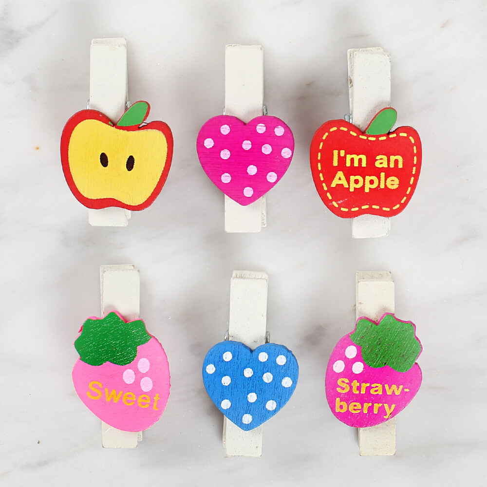 Loren 6 Pcs Heart and Fruit Patterned Decorative Peg