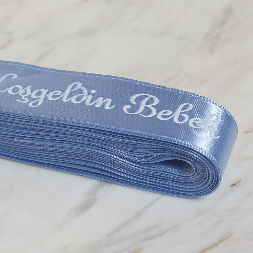 Loren Crafts 2 cm 10 m "Hoşgeldin Bebek" Printed Satin Ribbon, Blue