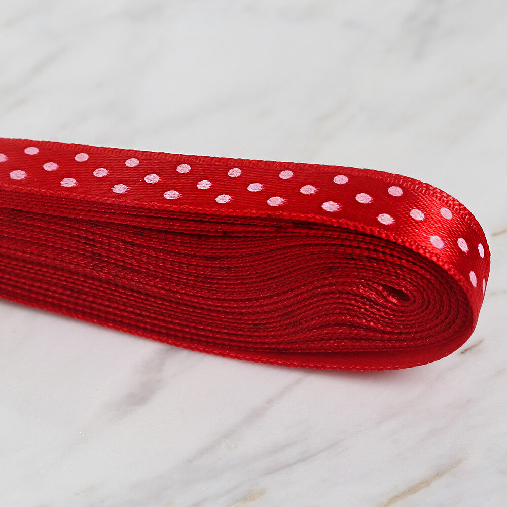 Loren Crafts 1 cm 10 m Satin Spotted Ribbon, Red