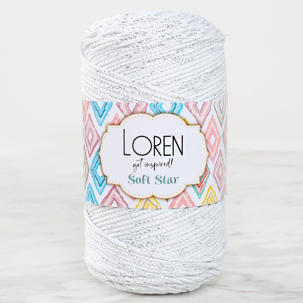 Loren Soft Star Macrame Yarn, Thread Silver Glittery White - RM102