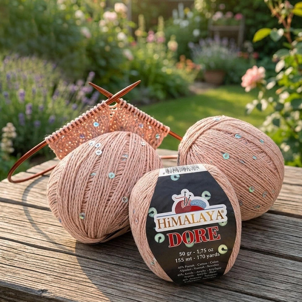 Himalaya Dore Sequined Hand Knitting Yarn, Beige - 61417