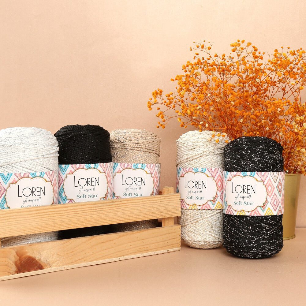 Loren Soft Star Macrame Yarn, Thread Silver Glittery Black - RM104